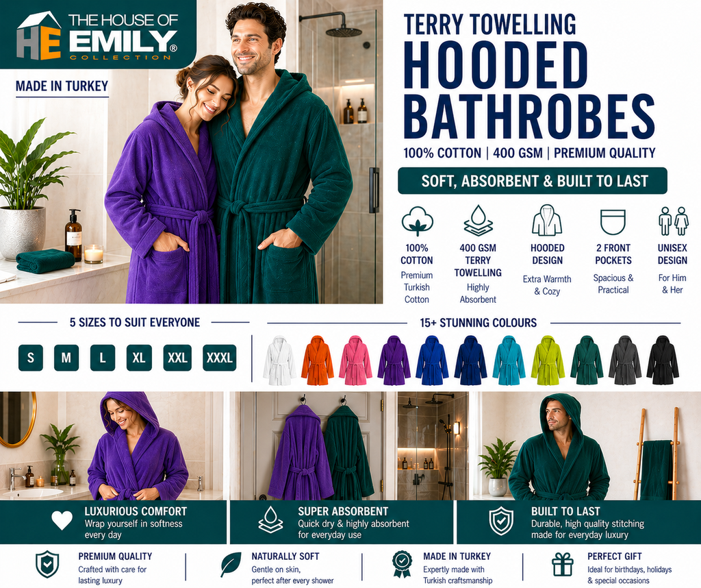 Terry Towelling Bathrobe Dressing Gown  Hooded or Shawl, 100% Cotton,   www.thehouseofemily.com