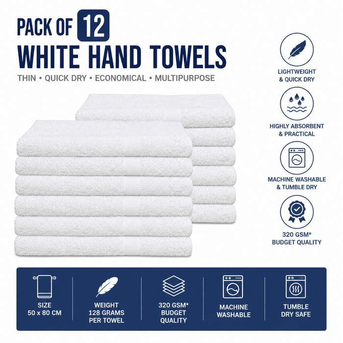 Cheap White Hand Towels Budget Quality 320 gsm - Pack of 12