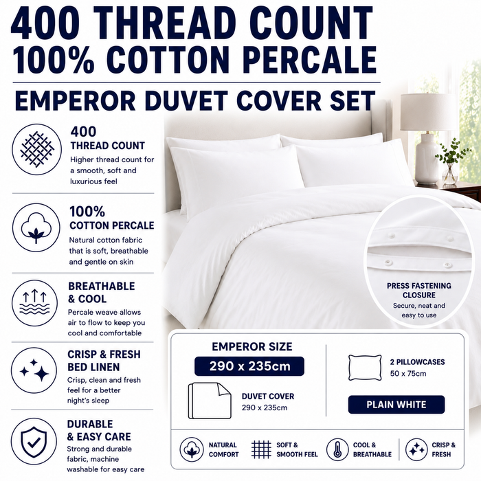 Emperor Duvet Cover Set White 100% Cotton Percale 400 Thread Count