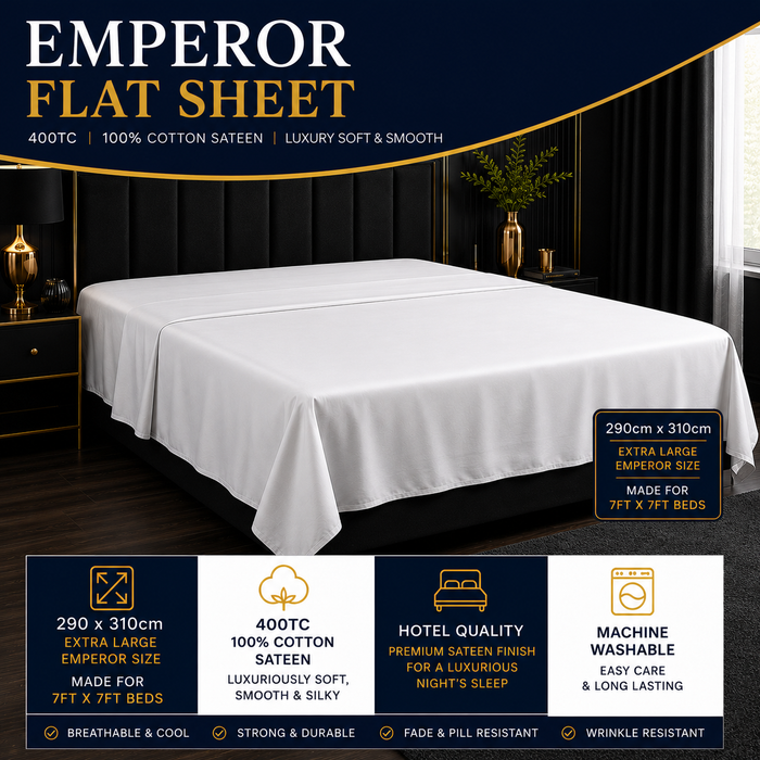 Emperor Extra Large Flat Sheet 100% Cotton Sateen 400Tc White