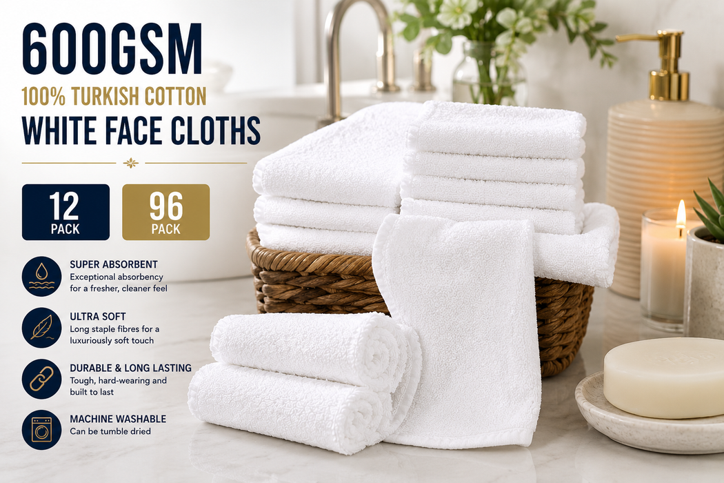 White Face Towels Wash Cloths Flannels 600 GSM Turkish Cotton