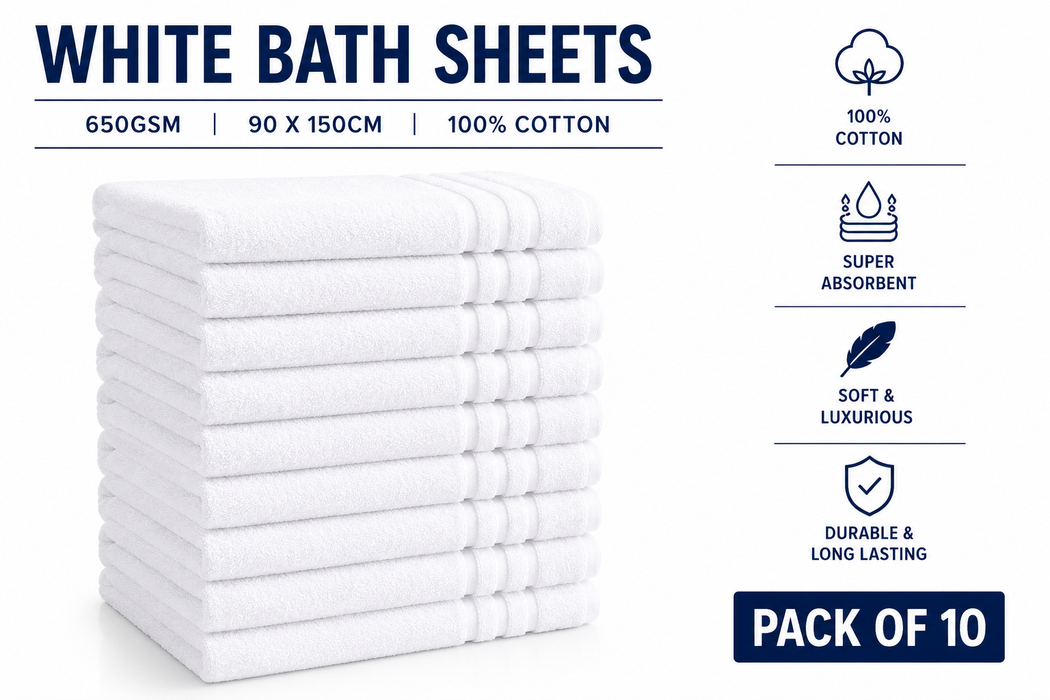 Luxury White Bath Sheets Towels 650gsm 90 x 150cm 100% Cotton Packs of 2, 10 and 24