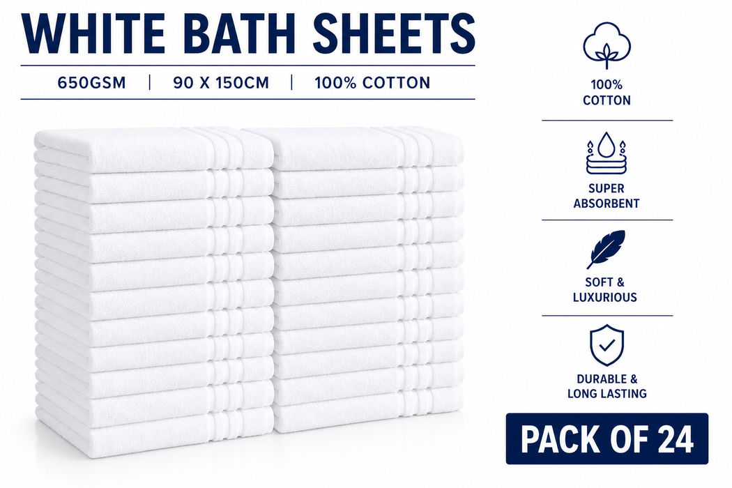 Luxury White Bath Sheets Towels 650gsm 90 x 150cm 100% Cotton Packs of 2, 10 and 24