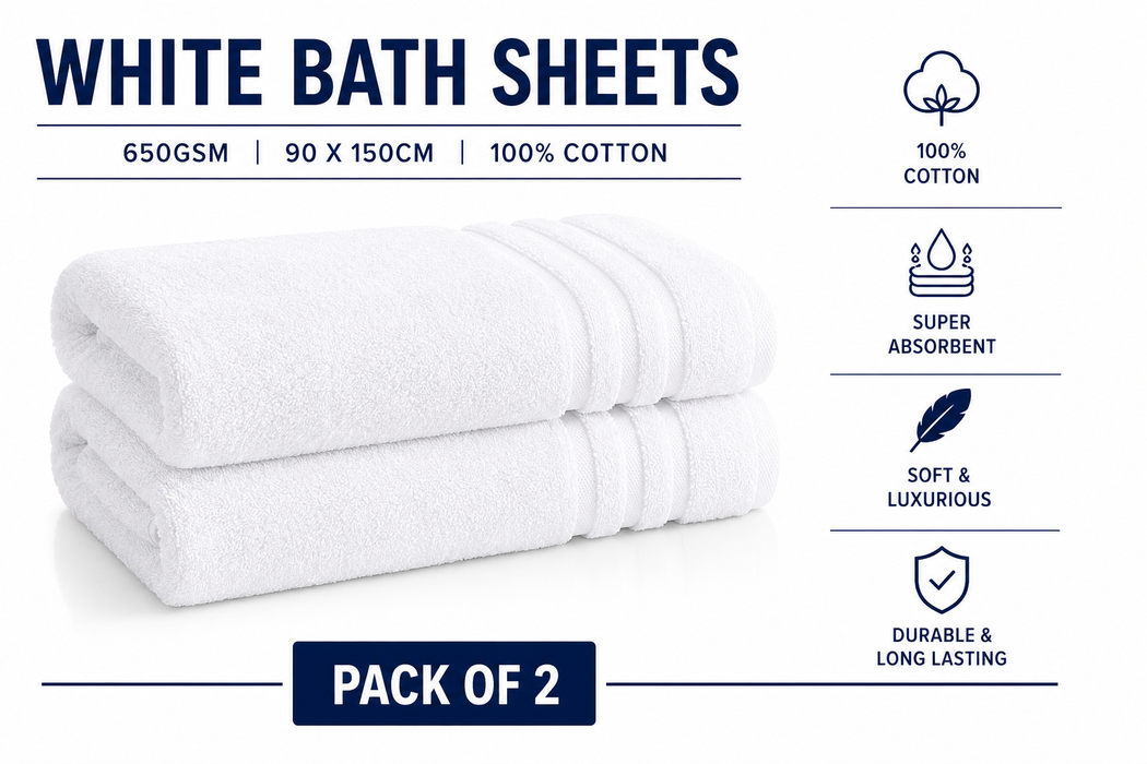 Luxury White Bath Sheets Towels 650gsm 90 x 150cm 100% Cotton Packs of 2, 10 and 24