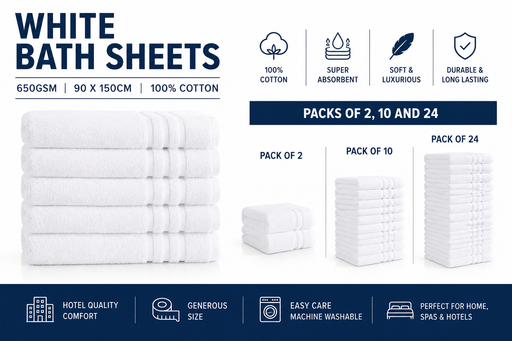 Luxury White Bath Sheets Towels 650gsm 90 x 150cm 100% Cotton Packs of 2, 10 and 24