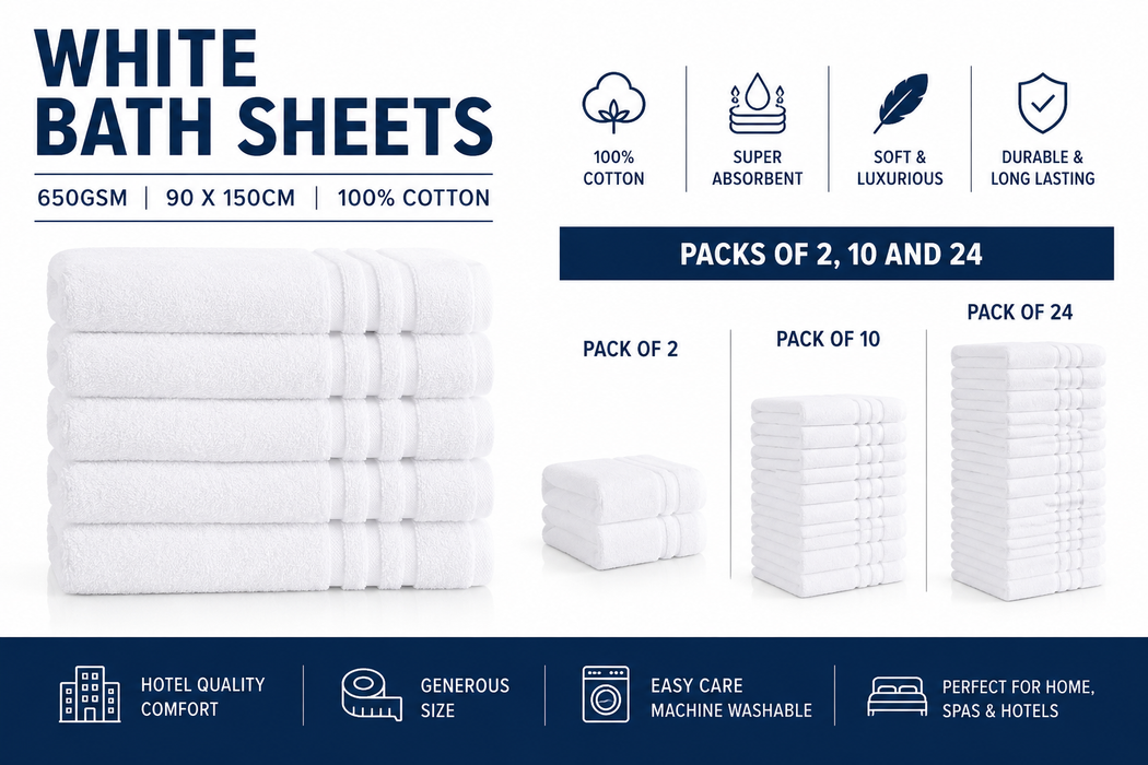 Luxury White Bath Sheets Towels 650gsm 90 x 150cm 100% Cotton Packs of 2, 10 and 24