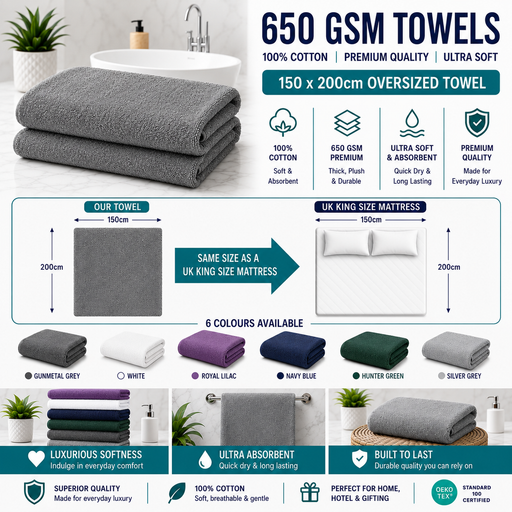 Oversized Bath Towel 150 x 200cm Jumbo Bath Sheet 650GSM Extra Large 100% Cotton