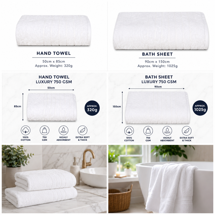 Luxury White Towels 750 GSM Extra Thick 100% Cotton Hand Towels & Bath Sheets