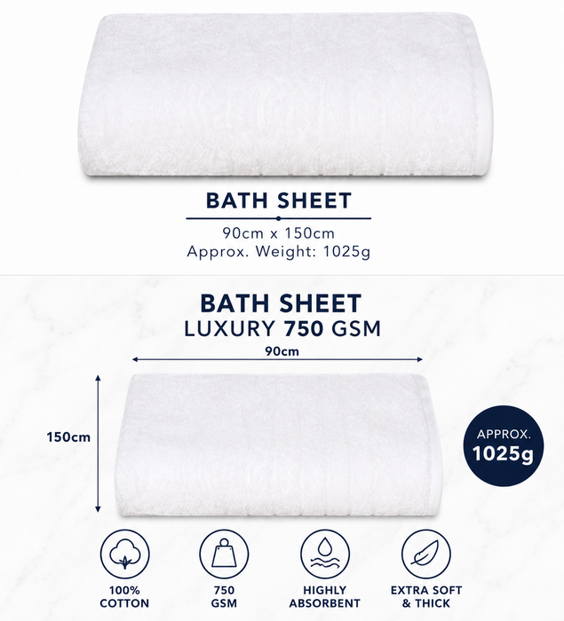 Luxury White Towels 750 GSM Extra Thick 100% Cotton Hand Towels & Bath Sheets