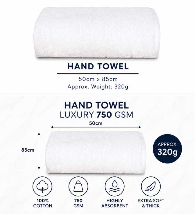 Luxury White Towels 750 GSM Extra Thick 100% Cotton Hand Towels & Bath Sheets