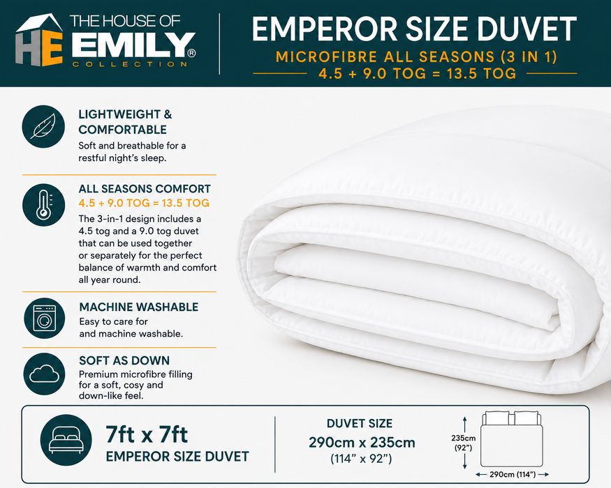 Emperor Duvet 290cm x 235cm. 3 Filling Types. 4.5 tog up to 13.5 tog