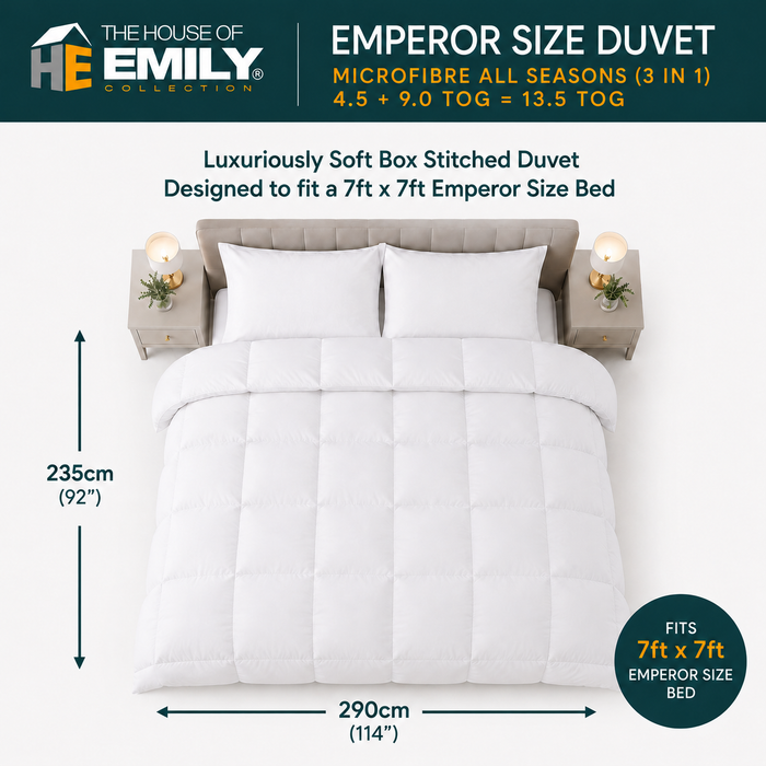 Emperor Duvet 290cm x 235cm. 3 Filling Types. 4.5 tog up to 13.5 tog