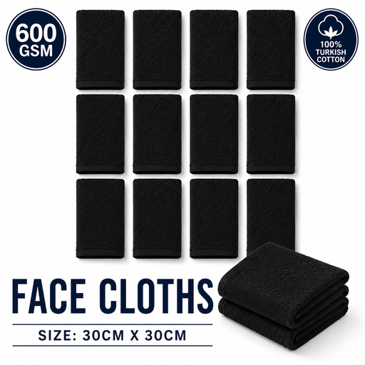 Black Face Towels Wash Cloths 100% Cotton 600 GSM – Thick Luxury Flannels