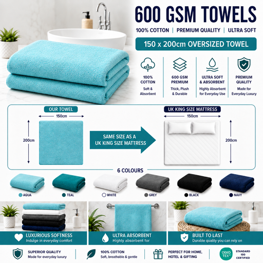 Jumbo Bath Sheet 150 x 200cm Oversized Towel – 600GSM Extra Large 100% Cotton