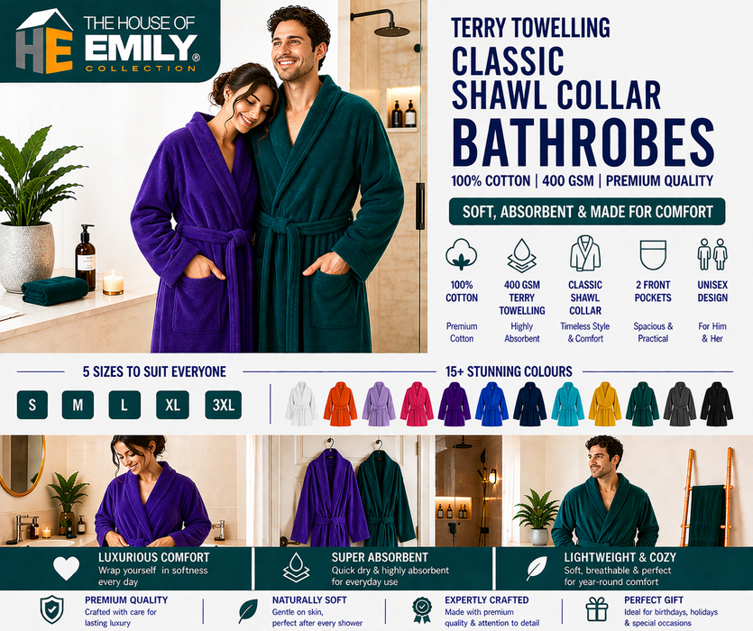 Terry Towelling Bathrobe Dressing Gown – Hooded or Shawl, 100% Cotton, Belted, Mens & Ladies, 5 Sizes, 15+ Colours