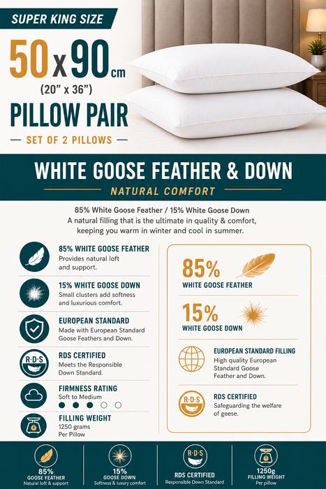 Super King Size Pillows 50 x 90 cm – Microfibre or Goose Feather Fill Large Bed Pillows