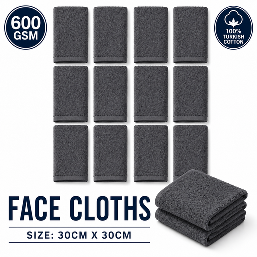 Dark Grey Face Towels Wash Cloths 100% Cotton 600 GSM – Thick Luxury Flannels