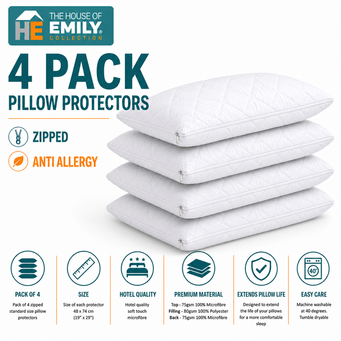 Zipped Pillow Protectors Quilted Anti Allergy Microfibre Soft Touch Fully Enclosed Covers 4 Pack