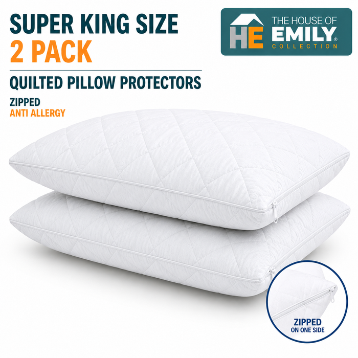 Super King Size 50 x 90 cm Zipped Pillow Cases Protectors Pack of 2 Quilted Microfibre Hypo Allergenic Soft Smooth Touch