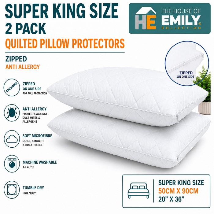 Super King Size 50 x 90 cm Zipped Pillow Cases Protectors Pack of 2 Quilted Microfibre Hypo Allergenic Soft Smooth Touch