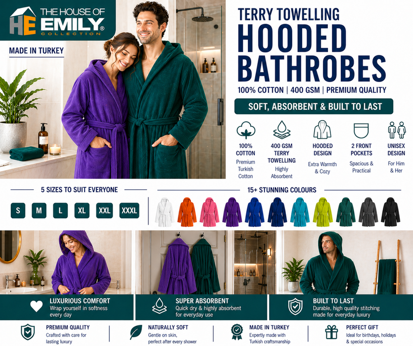 Terry Towelling Bathrobe Dressing Gown – Hooded or Shawl, 100% Cotton, Belted, Mens & Ladies, 5 Sizes, 15+ Colours