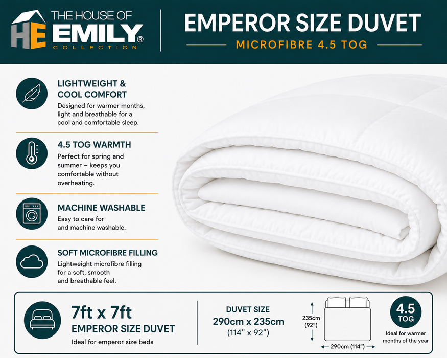 Emperor Duvet 290cm x 235cm. 3 Filling Types. 4.5 tog up to 13.5 tog