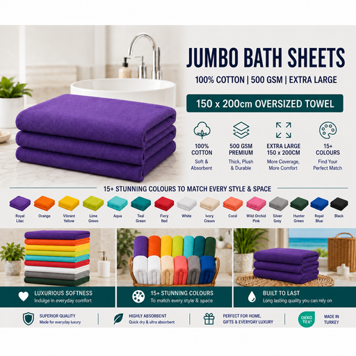 Jumbo Bath Sheet 100% Cotton 500 GSM Extra Large 150 x 200cm Oversized Towel