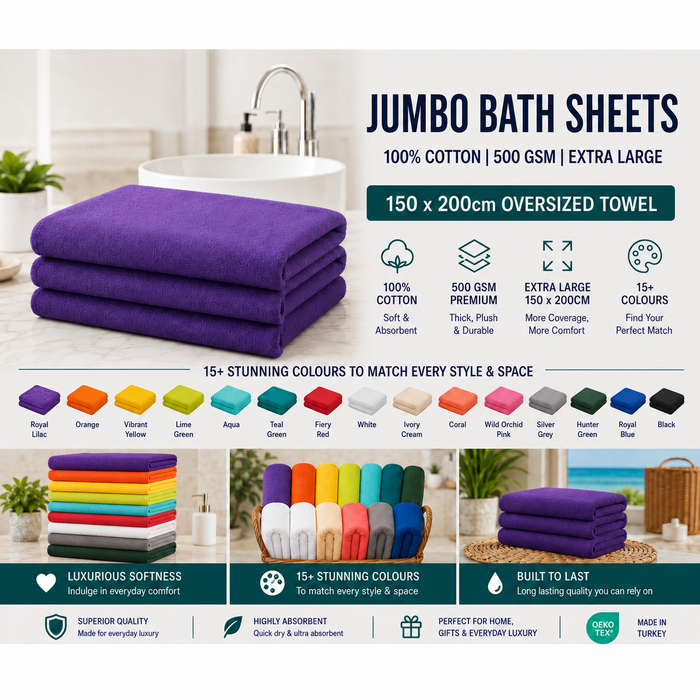 Jumbo Bath Sheet 100% Cotton 500 GSM Extra Large 150 x 200cm Oversized Towel