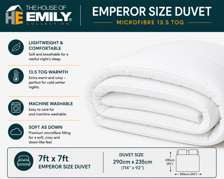 Emperor Duvet 290cm x 235cm. 3 Filling Types. 4.5 tog up to 13.5 tog