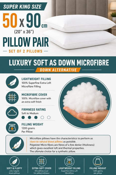 Super King Size Pillows 50 x 90 cm – Microfibre or Goose Feather Fill Large Bed Pillows