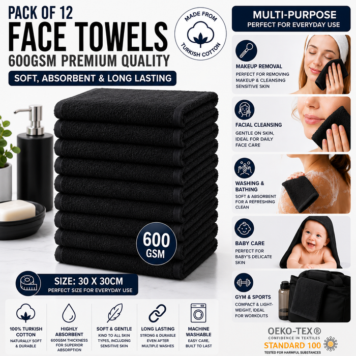 Black Face Towels Wash Cloths 100% Cotton 600 GSM – Thick Luxury Flannels