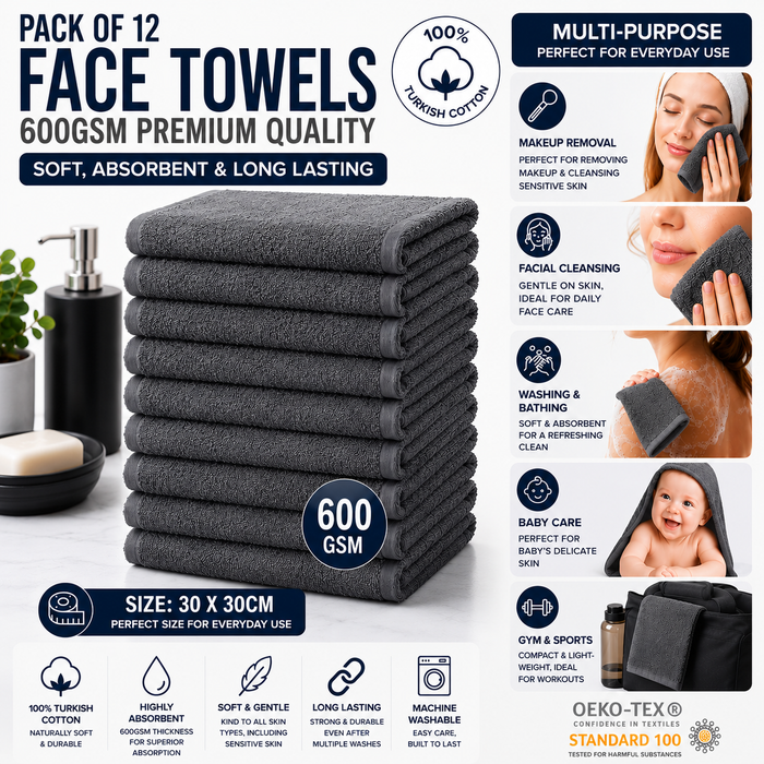 Dark Grey Face Towels Wash Cloths 100% Cotton 600 GSM – Thick Luxury Flannels