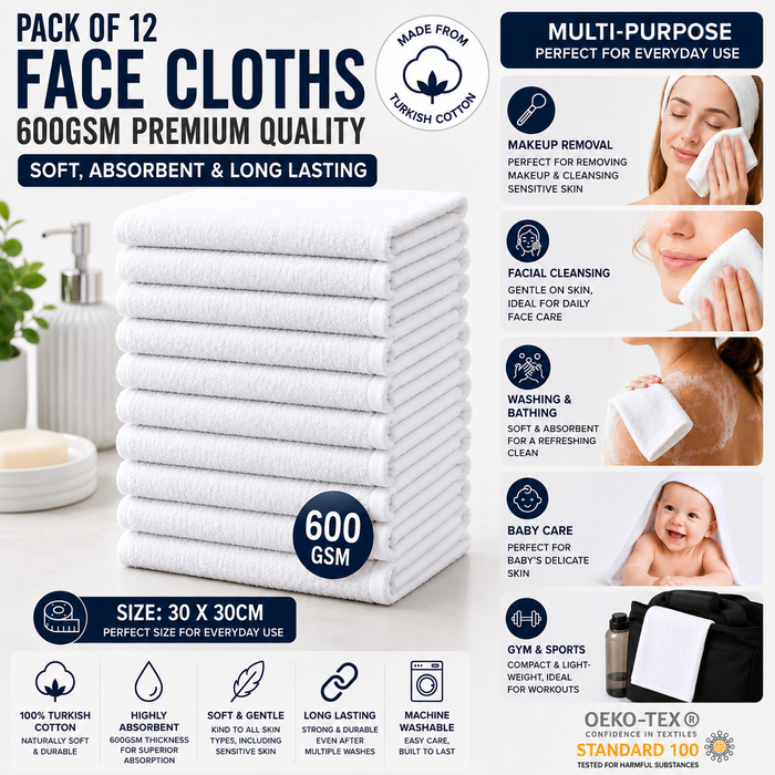 White Face Towels Wash Cloths Flannels 600 GSM Turkish Cotton