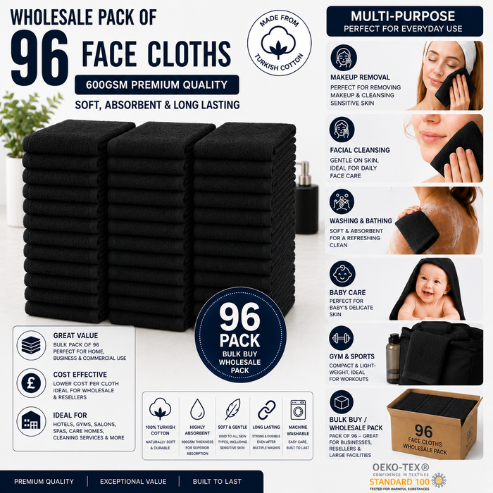 Black Face Towels Wash Cloths 100% Cotton 600 GSM – Thick Luxury Flannels