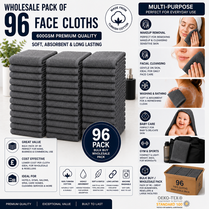 Dark Grey Face Towels Wash Cloths 100% Cotton 600 GSM – Thick Luxury Flannels