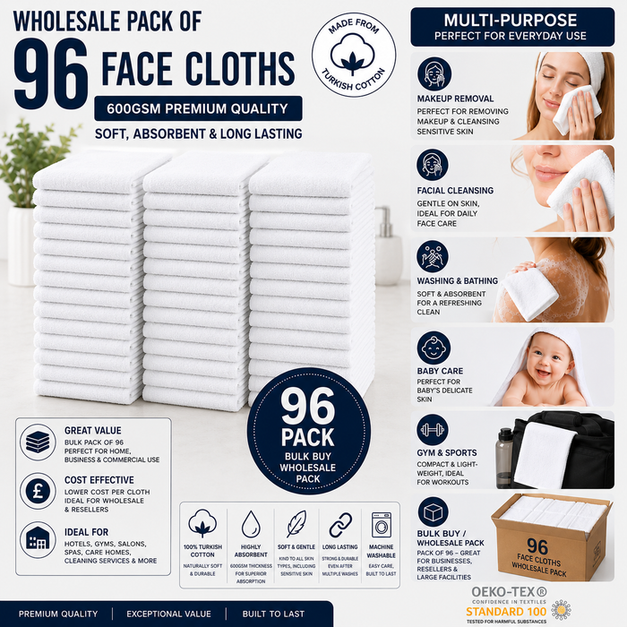 White Face Towels Wash Cloths Flannels 600 GSM Turkish Cotton