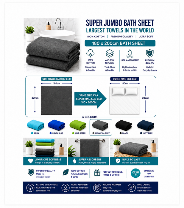 Oversized Towel 180 x 200cm Super Jumbo Bath Sheet  – 600GSM Extra Large 100% Cotton