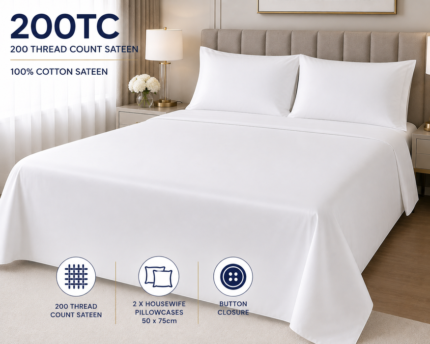 White Cotton Sateen Duvet Cover Set Double King 200 Thread Count 100% Cotton