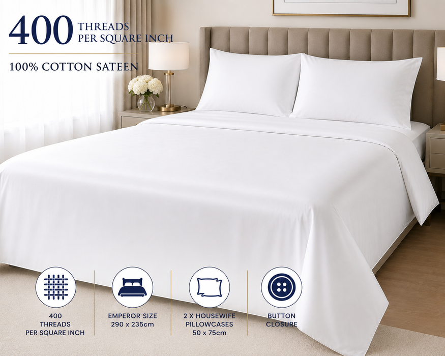 Emperor Duvet Cover Set Luxury 100% Cotton Sateen White 400 Thread Count