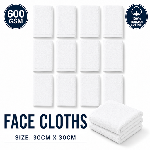 White Face Towels Wash Cloths Flannels 600 GSM Turkish Cotton