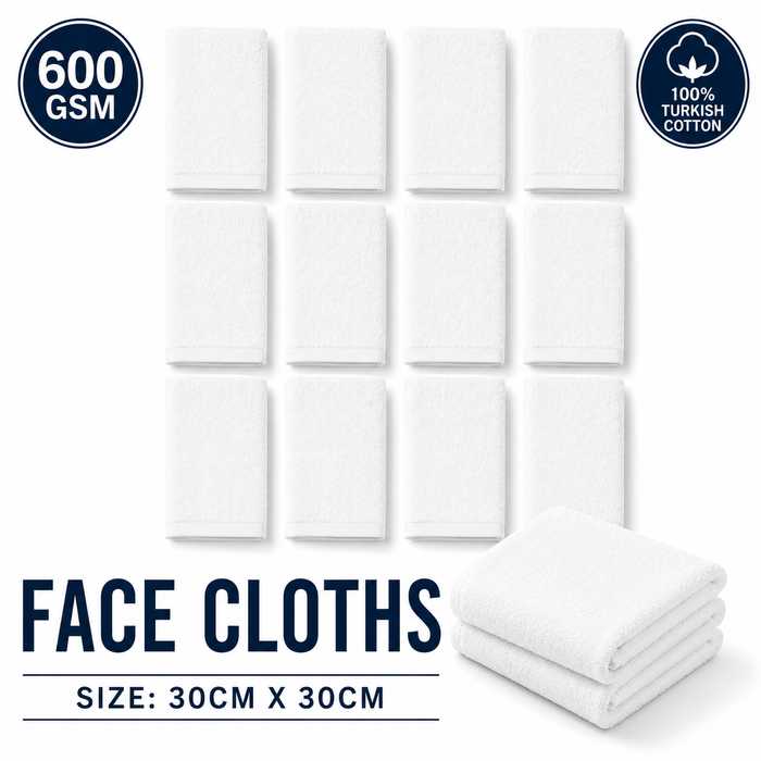White Face Towels Wash Cloths Flannels 600 GSM Turkish Cotton