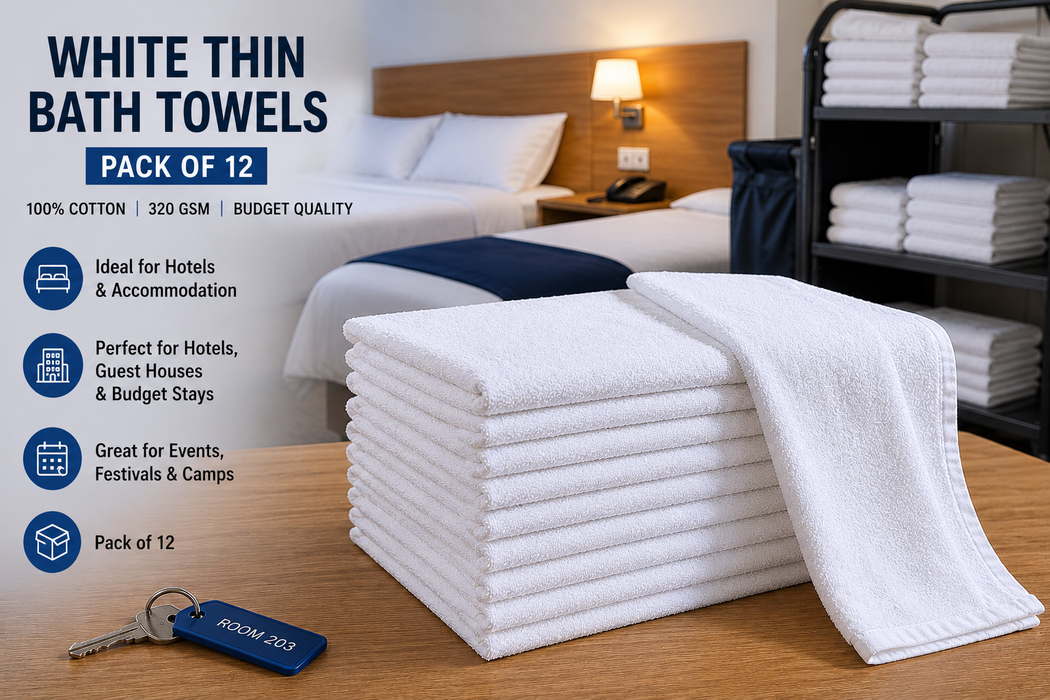 12 White Bath Towels 100% Cotton 320 GSM Thin Lightweight Towels Bulk Pack