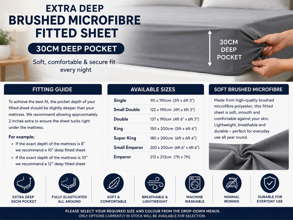 Extra Deep Brushed Microfibre Fitted Sheet 30cm Deep Pocket | Soft & Easy Care
